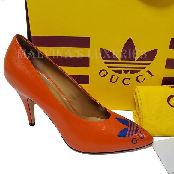 GUCCI SHOES ADIDAS X TREFOIL ORANGE LEATHER PUMPS w LOGO sz 37 / 7 - Picture 15 of 16